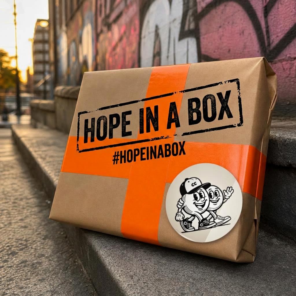 A clearly labelled Hope in a Box care package with neon-orange tape